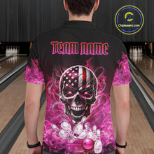 Load image into Gallery viewer, Pink Flame Smoke American Flag Eagle Skull Mens Bowling Shirts Custom Patriotic Bowling Team Jersey NQS10527