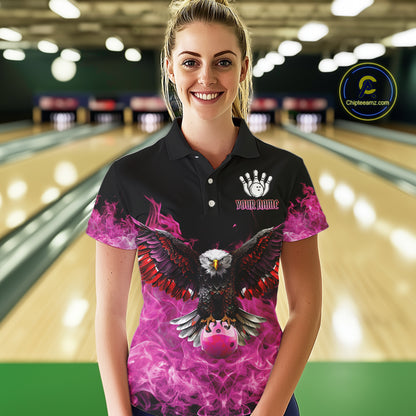 Pink Flame Smoke American Flag Eagle Skull Women Bowling Shirt Custom Patriotic Bowling Team Jersey NQS10527