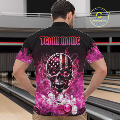 Pink Flame Smoke American Flag Eagle Skull Mens Bowling Shirts Custom Patriotic Bowling Team Jersey NQS10527