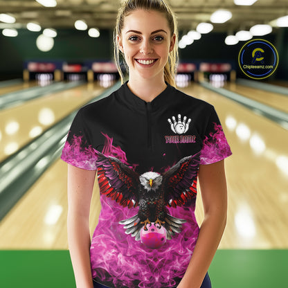 Pink Flame Smoke American Flag Eagle Skull Women Bowling Shirt Custom Patriotic Bowling Team Jersey NQS10527