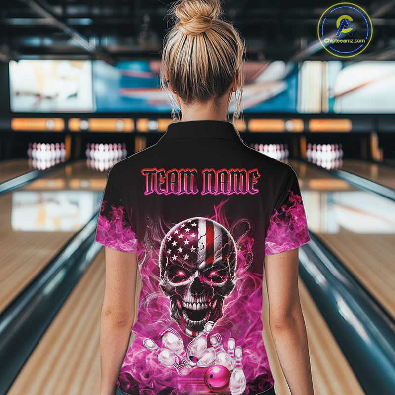 Pink Flame Smoke American Flag Eagle Skull Women Bowling Shirt Custom Patriotic Bowling Team Jersey NQS10527