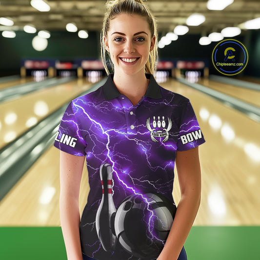 Purple Lightning Thunder Black Bowling Polo, 1/4 zip Shirt for Women custom storm bowling team jersey NQS10528
