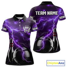Load image into Gallery viewer, Purple Lightning Thunder Black Bowling Polo, 1/4 zip Shirt for Women custom storm bowling team jersey NQS10528