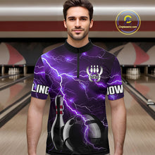 Load image into Gallery viewer, Purple Lightning Thunder Black Bowling Polo, 1/4 zip Shirt for Men custom storm bowling team jerseys NQS10528