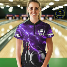 Load image into Gallery viewer, Purple Lightning Thunder Black Bowling Polo, 1/4 zip Shirt for Women custom storm bowling team jersey NQS10528