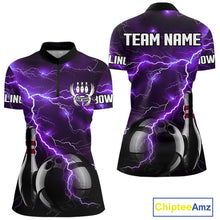 Load image into Gallery viewer, Purple Lightning Thunder Black Bowling Polo, 1/4 zip Shirt for Women custom storm bowling team jersey NQS10528