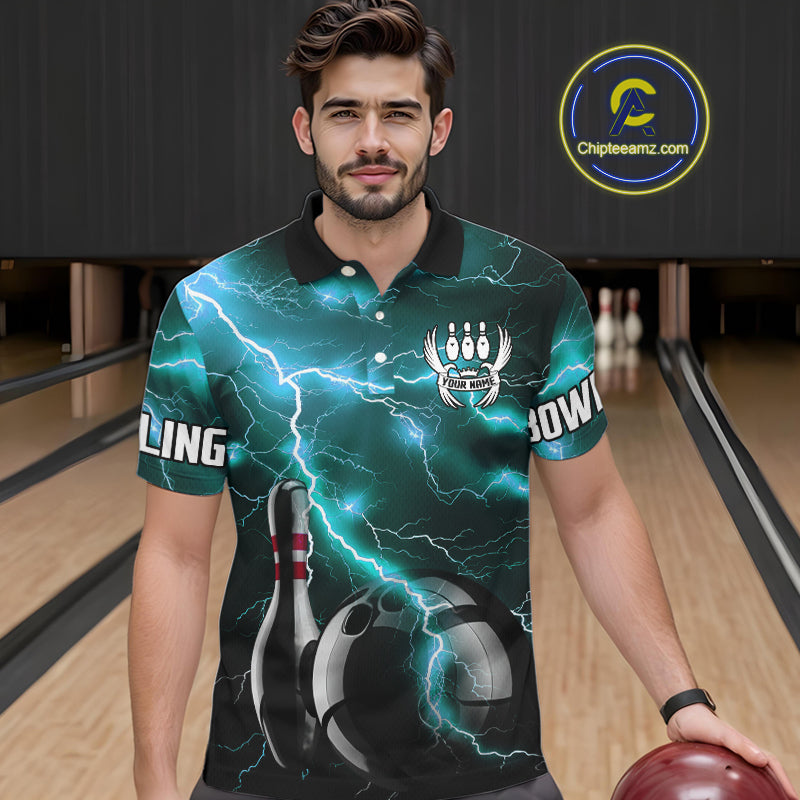 Cyan Blue Lightning Thunder Black Bowling Polo, 1/4 zip Shirt for Men custom bowling team jerseys NQS10529