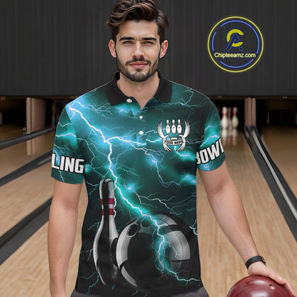 Cyan Blue Lightning Thunder Black Bowling Polo, 1/4 zip Shirt for Men custom bowling team jerseys NQS10529