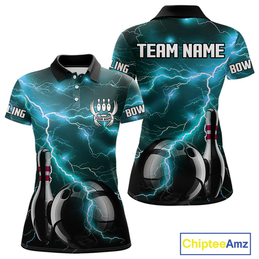 Cyan Blue Lightning Thunder Black Bowling Polo, 1/4 zip Shirt for Women custom bowling team jersey NQS10529