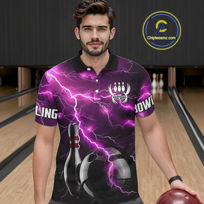 Pink Lightning Thunder Black Bowling Polo, Quarter zip Shirt for Men custom bowling team jerseys NQS10530