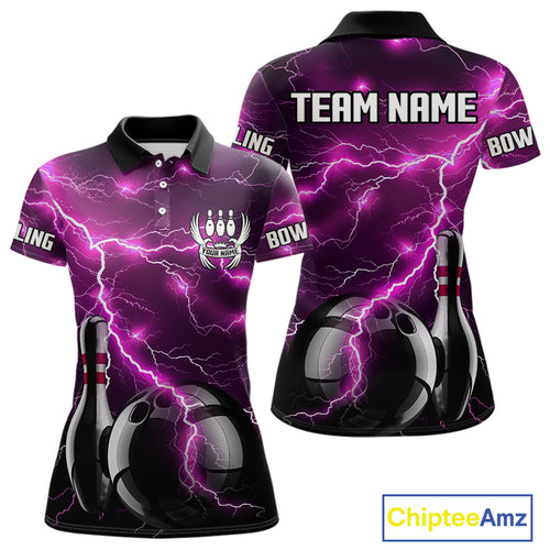 Pink Lightning Thunder Black Bowling Polo, Quarter zip Shirt for Women custom bowling team jersey NQS10530