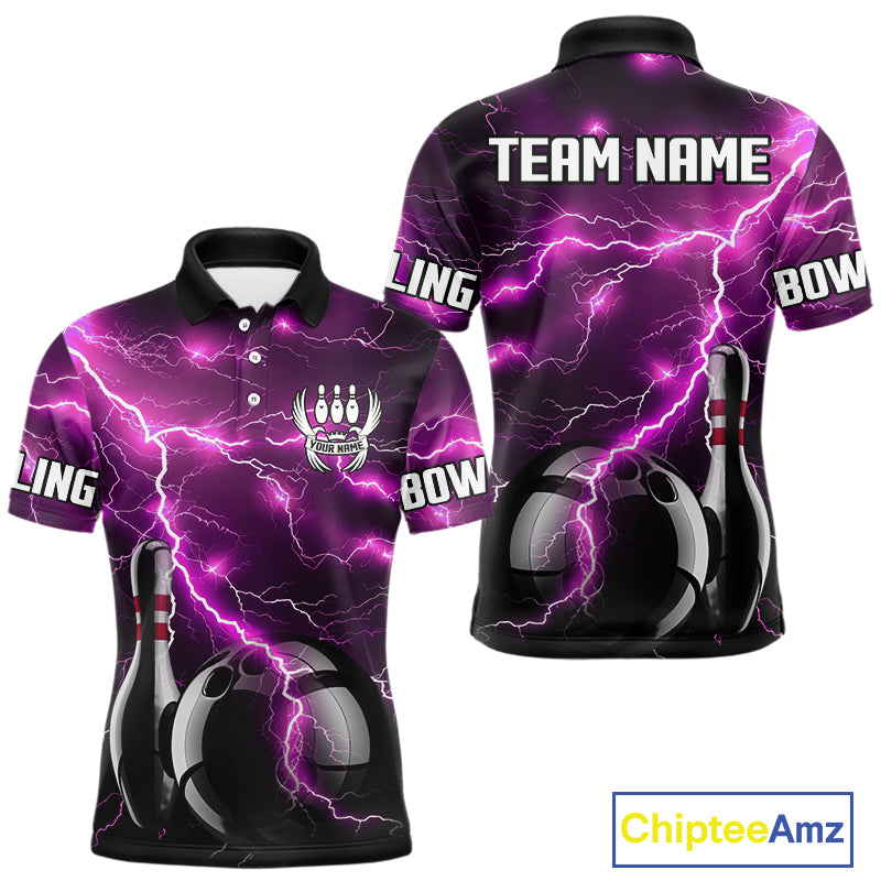 Pink Lightning Thunder Black Bowling Polo, Quarter zip Shirt for Men custom bowling team jerseys NQS10530