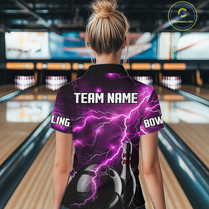 Pink Lightning Thunder Black Bowling Polo, Quarter zip Shirt for Women custom bowling team jersey NQS10530