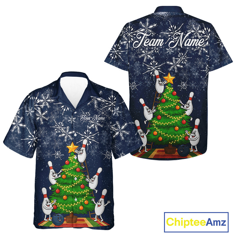 Funny Christmas Tree snowflake Hawaiian bowling jersey Custom Hawaiian shirts Xmas outfits | Navy NQS10951