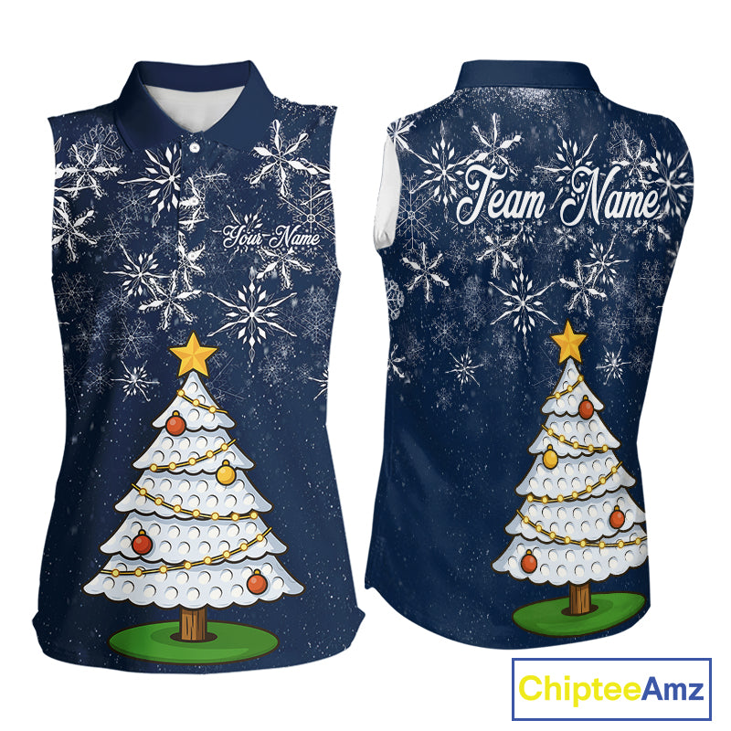 Funny Christmas Tree snowflake Womens sleeveless polo shirt Custom ladies Christmas golf shirt | Navy NQS10952