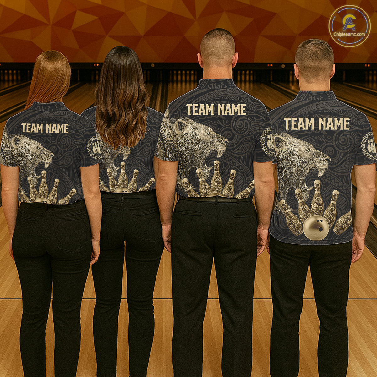 Black and Gold Lion Tribal Bowling Polo, 1/4 Zip Shirts For Men Custom Retro Bowling Team Jerseys NQS11149