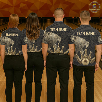 Black and Gold Lion Tribal Bowling Polo, 1/4 Zip Shirts For Men Custom Retro Bowling Team Jerseys NQS11149