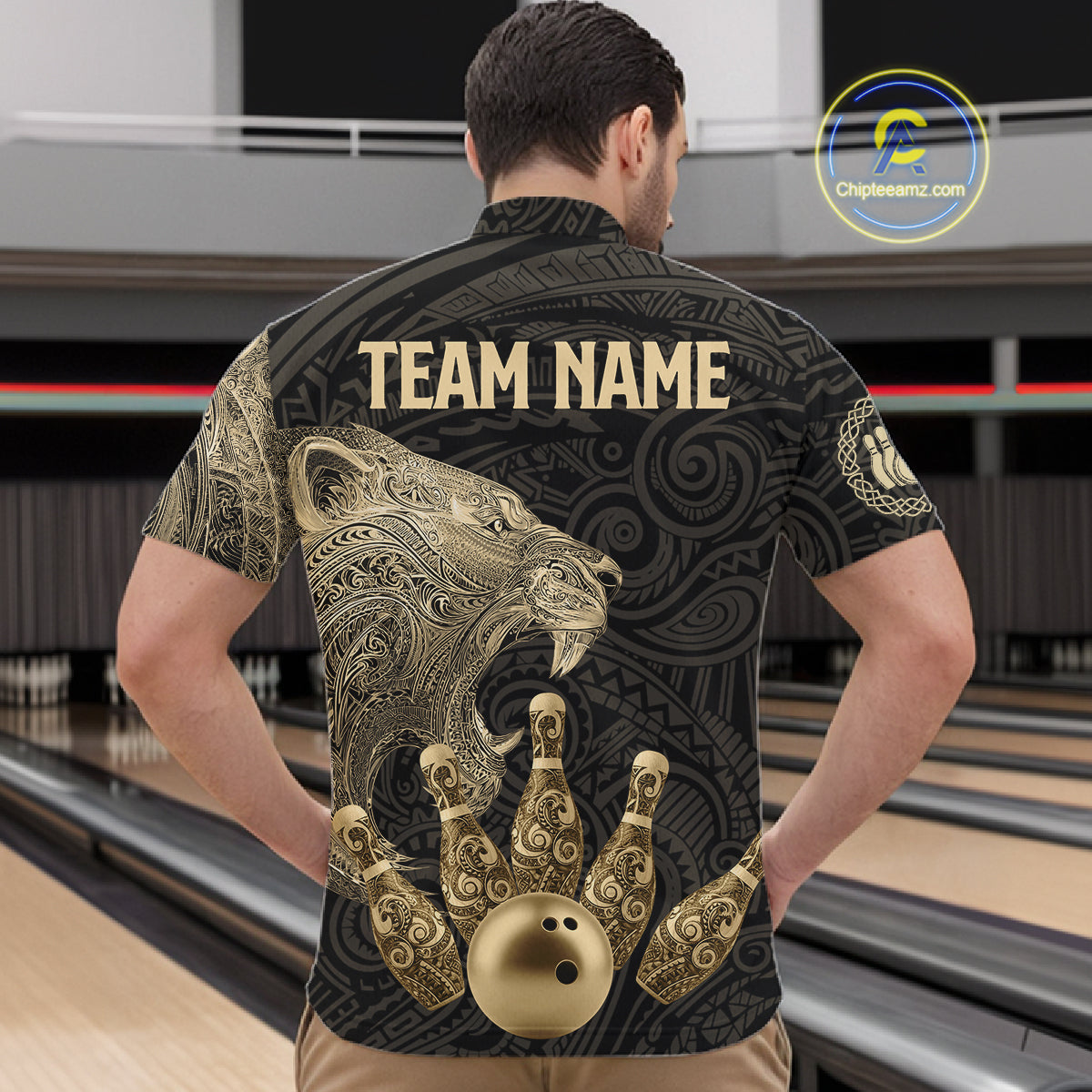 Black and Gold Lion Tribal Bowling Polo, 1/4 Zip Shirts For Men Custom Retro Bowling Team Jerseys NQS11149