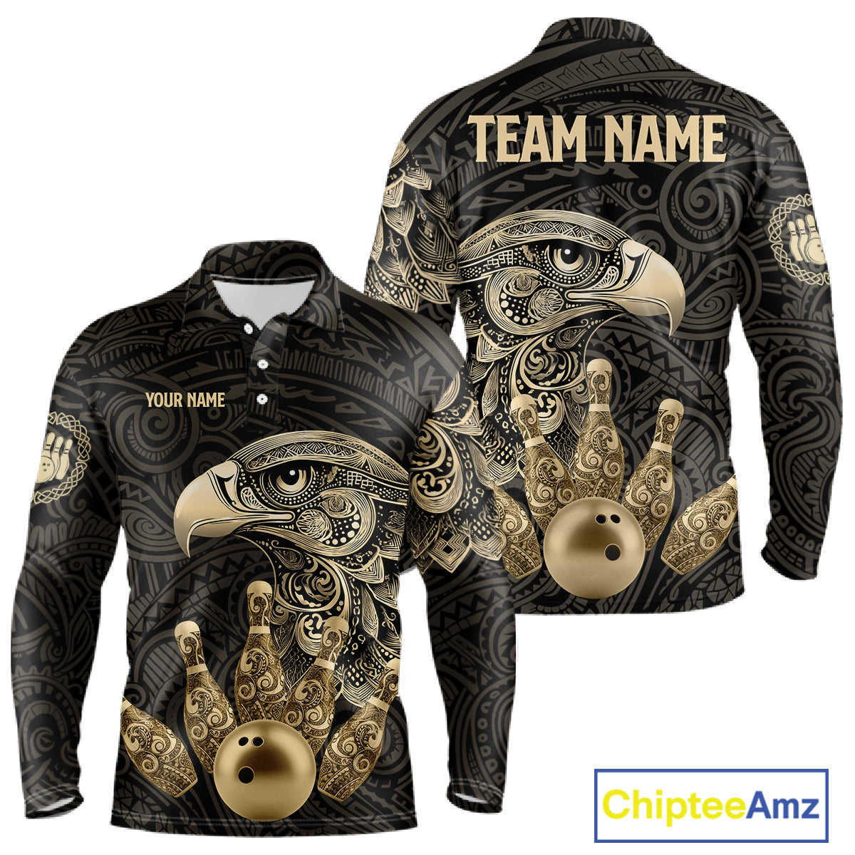 Black and Gold Eagle Tribal Bowling Polo, 1/4 Zip Shirts For Men Custom Retro Bowling Team Jerseys NQS11150