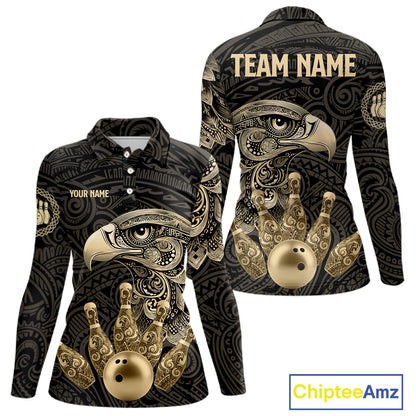 Black and Gold Eagle Tribal Bowling Polo, 1/4 Zip Shirts For Women Custom Retro Bowling Team Jerseys NQS11150