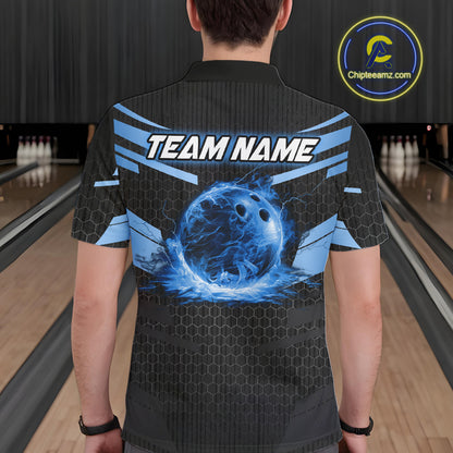 Black and Blue Lightning Thunder Bowling Shirts For Men Custom Bowling Team Jerseys, Gift For Bowlers NQS11140