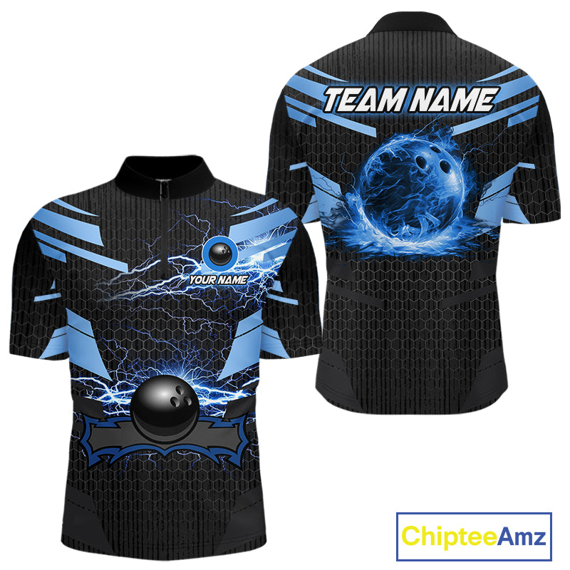 Black and Blue Lightning Thunder Bowling Shirts For Men Custom Bowling Team Jerseys, Gift For Bowlers NQS11140