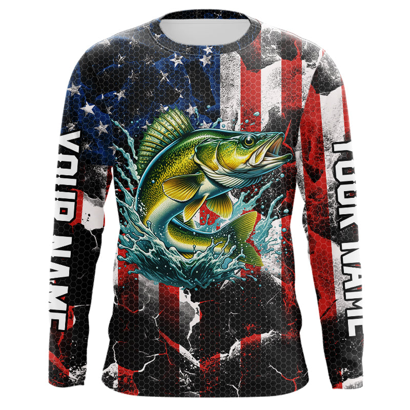 Walleye fishing black American flag Custom UV protection performance long sleeve fishing jerseys NQS9277