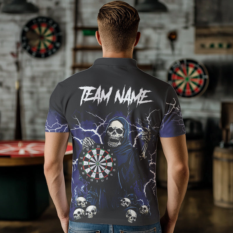 Purple Lightning Thunder Skull Darts Polo, Quarter zip Shirts For Men Custom Team Darts Jersey Outfit NQS9446