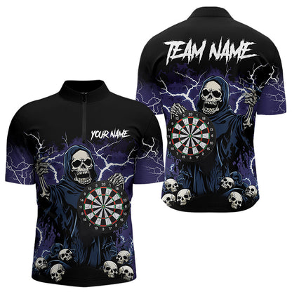 Purple Lightning Thunder Skull Darts Polo, Quarter zip Shirts For Men Custom Team Darts Jersey Outfit NQS9446