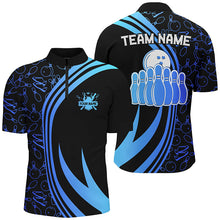 Load image into Gallery viewer, Black Mens bowling shirts Custom Blue neon team league bowling jerseys, gifts for bowlers NQS7537