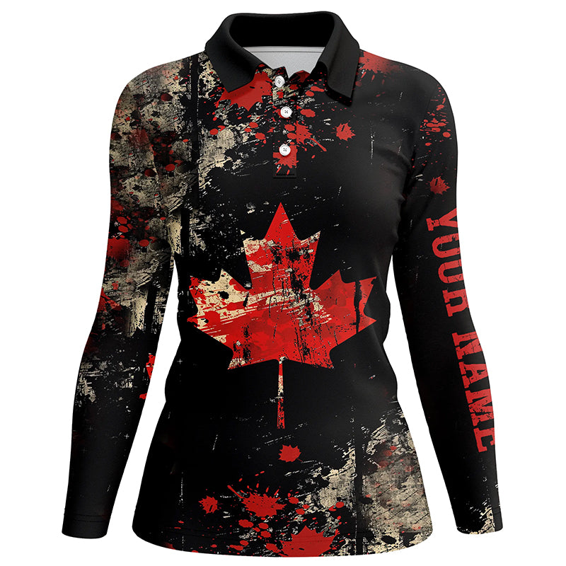 Women golf polo shirts custom Vintage Black Canadian flag golf outfits for ladies, unique golf gifts NQS7694