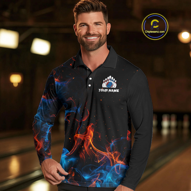 Blue and Orange Flame Bowling Polo, Quarter Zip Shirts for Men Custom Team bowling outfit uniform NQS10026