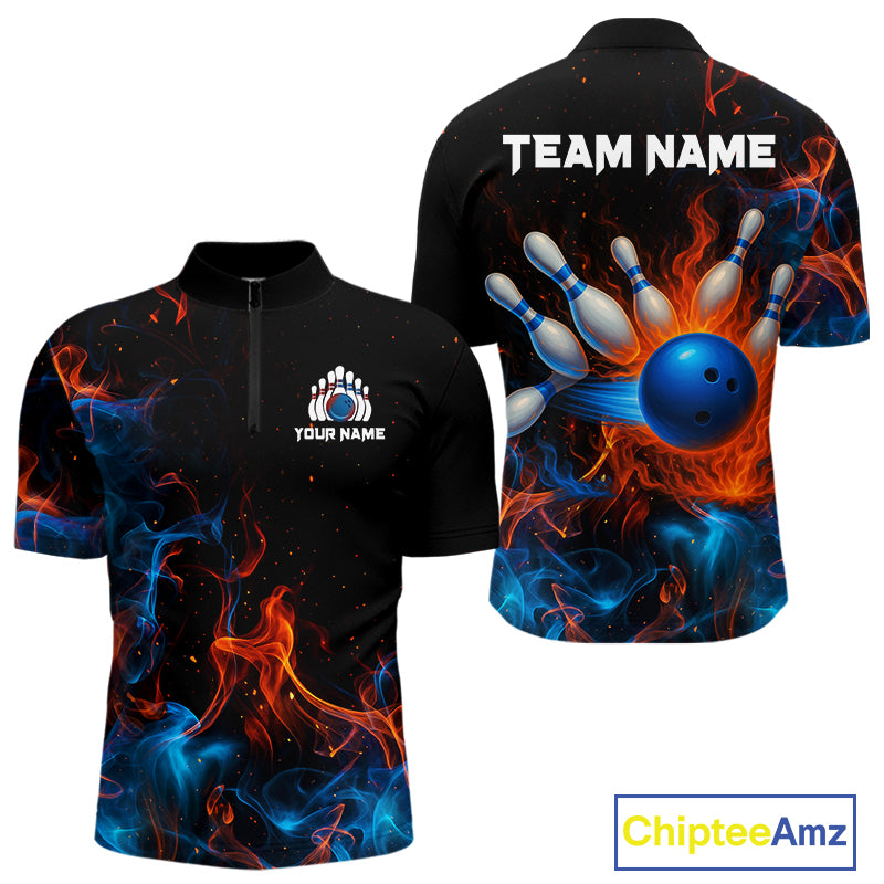 Blue and Orange Flame Bowling Polo, Quarter Zip Shirts for Men Custom Team bowling outfit uniform NQS10026