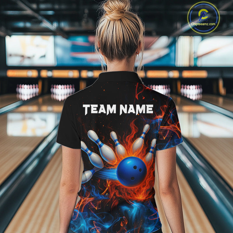 Blue and Orange Flame Bowling Polo, Quarter Zip Shirts for Women Custom Team bowling outfit uniform NQS10026