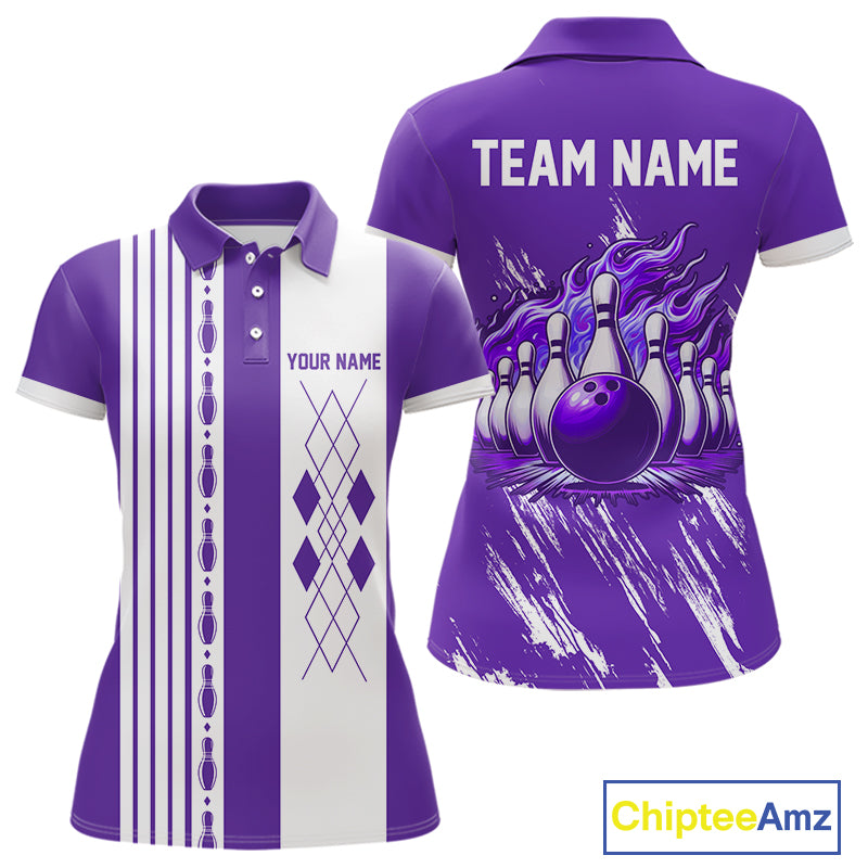 Retro Purple argyle Flame Bowling shirts For Women custom bowling team jerseys Ladies Bowler Outfits NQS10326
