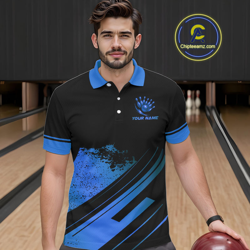 Custom Black And Blue Bowling Team Polo, Quarter-Zip Shirts For Men, Personalized Bowling Jerseys NQS10539