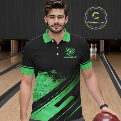 Custom Black And Green Bowling Team Polo, Quarter-Zip Shirts For Men, Personalized Bowling Jerseys NQS10540