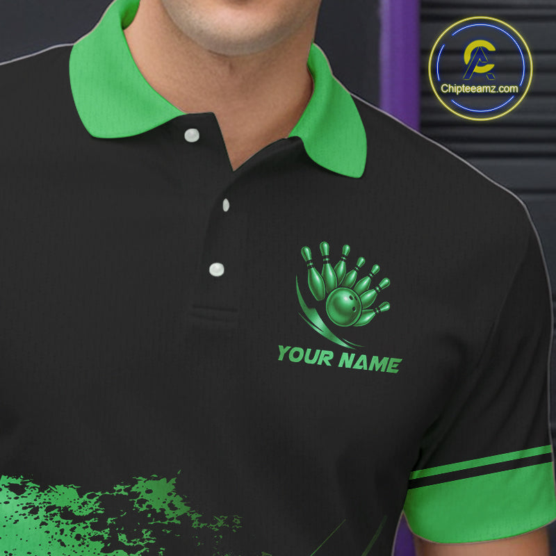 Custom Black And Green Bowling Team Polo, Quarter-Zip Shirts For Men, Personalized Bowling Jerseys NQS10540