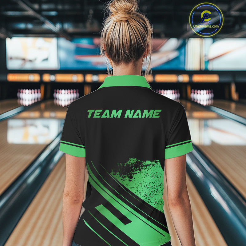 Custom Black And Green Bowling Team Polo, Quarter-Zip Shirts For Women, Personalized Bowling Jerseys NQS10540