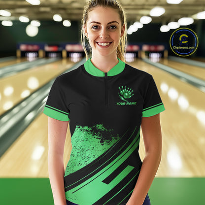 Custom Black And Green Bowling Team Polo, Quarter-Zip Shirts For Women, Personalized Bowling Jerseys NQS10540
