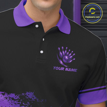 Custom Black And Purple Bowling Team Polo, Quarter-Zip Shirts For Men, Personalized Bowling Jerseys NQS10541