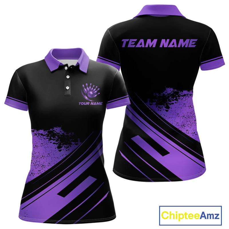 Custom Black And Purple Bowling Team Polo, Quarter-Zip Shirts For Women, Personalized Bowling Jerseys NQS10541