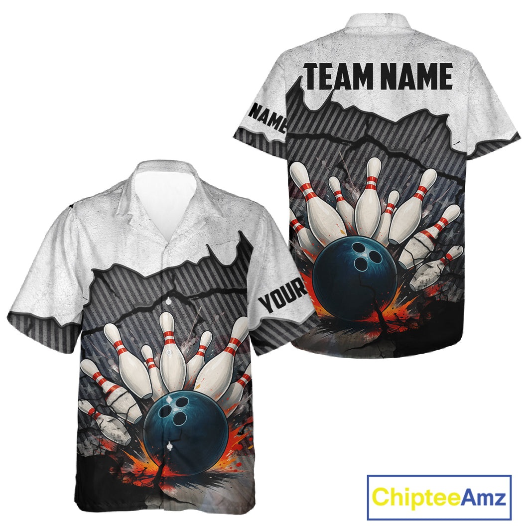 Black and White grunge Bowling Hawaiian Shirt Custom Team Bowling Button up shirt, Gift for Bowlers NQS10751