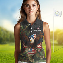 Load image into Gallery viewer, Black &amp; Green Camo American Flag Eagle Womens sleeveless polo shirt Custom Patriotic Team Golf Jersey NQS10953