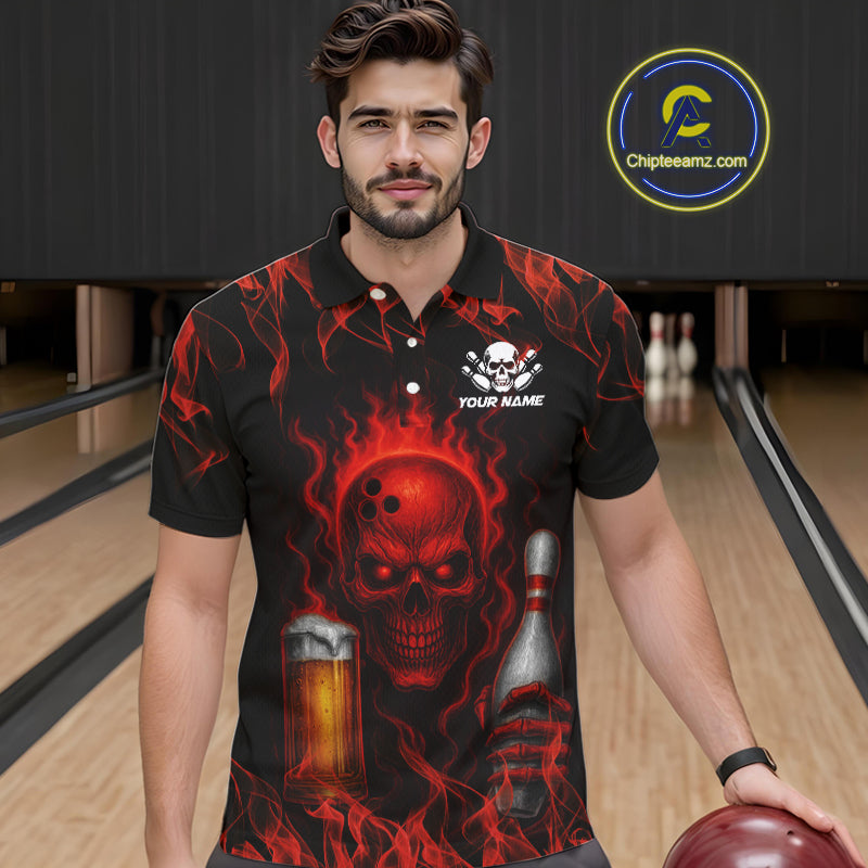 Red Skull and Beer Bowling shirts with flames Custom Bowling Polo, 1/4 Zip bowling outfits for men NQS10955