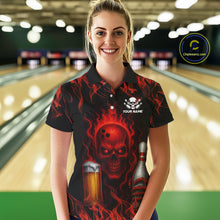Load image into Gallery viewer, Red Skull and Beer Bowling shirts with flames Custom Bowling Polo, 1/4 Zip bowling outfits for Women NQS10955