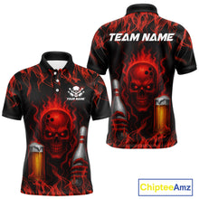 Load image into Gallery viewer, Red Skull and Beer Bowling shirts with flames Custom Bowling Polo, 1/4 Zip bowling outfits for men NQS10955