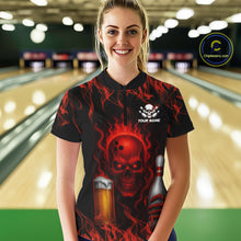 Load image into Gallery viewer, Red Skull and Beer Bowling shirts with flames Custom Bowling Polo, 1/4 Zip bowling outfits for Women NQS10955