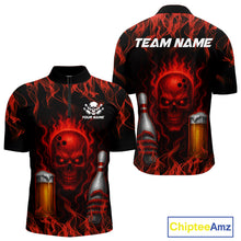 Load image into Gallery viewer, Red Skull and Beer Bowling shirts with flames Custom Bowling Polo, 1/4 Zip bowling outfits for men NQS10955