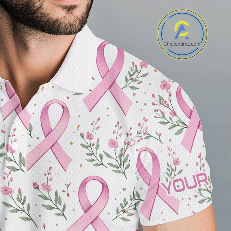 Pink ribbons floral pattern Breast Cancer golf polo shirts for men Custom team golf attire for men NQS11551
